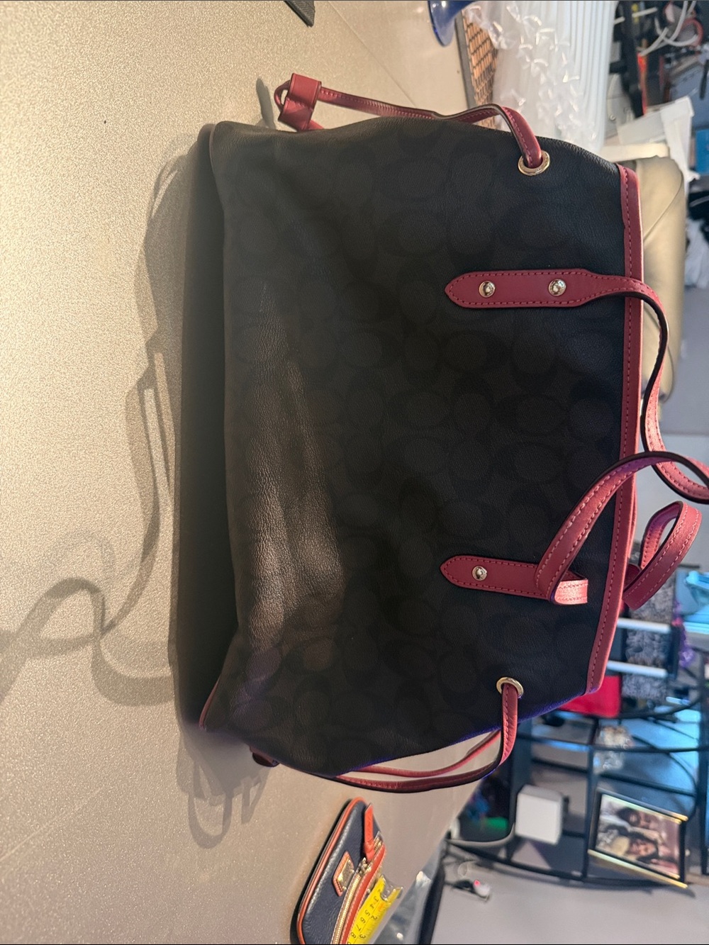 Coach Black Signature Canvas Tote with Pink Trim